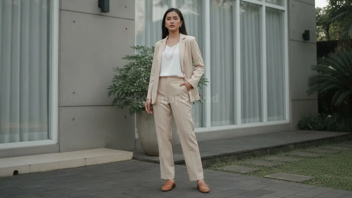 Fashion murah dengan warna netral dan potongan rapi menciptakan tampilan elegan yang menarik perhatian.
