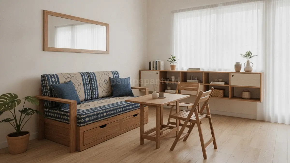Furnitur multifungsi sofa bed dan meja lipat hemat ruang hunian kecil perkotaan modern fleksibel (BTV/Ai)
