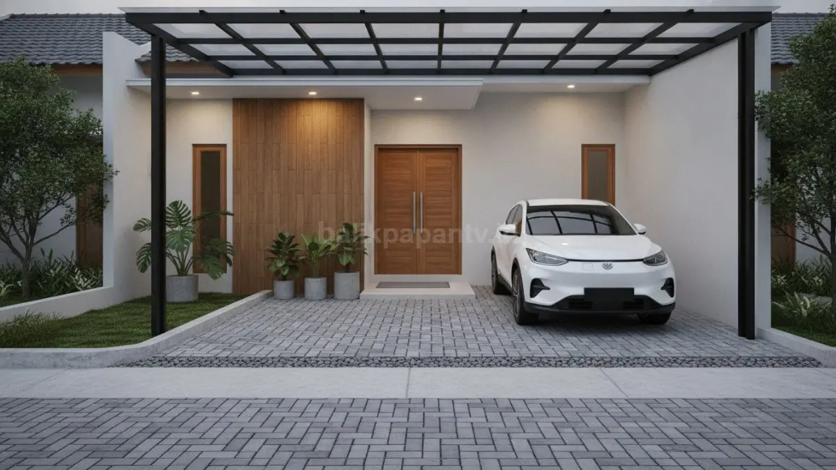 Garasi berlantai paving modern menghadirkan tampilan rapi sekaligus mendukung resapan air hujan. (BTV/AI)