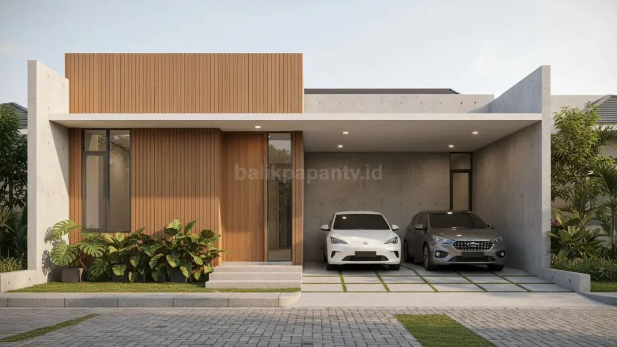 Garasi minimalis dengan fasad geometris menghadirkan tampilan modern, rapi, dan elegan. (BTV/AI)