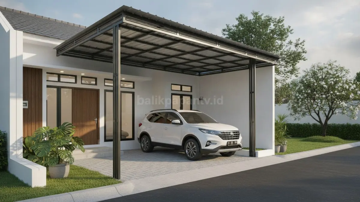 Garasi terbuka dengan kanopi baja ringan memberikan perlindungan kendaraan yang praktis dan modern. (BTV/AI)