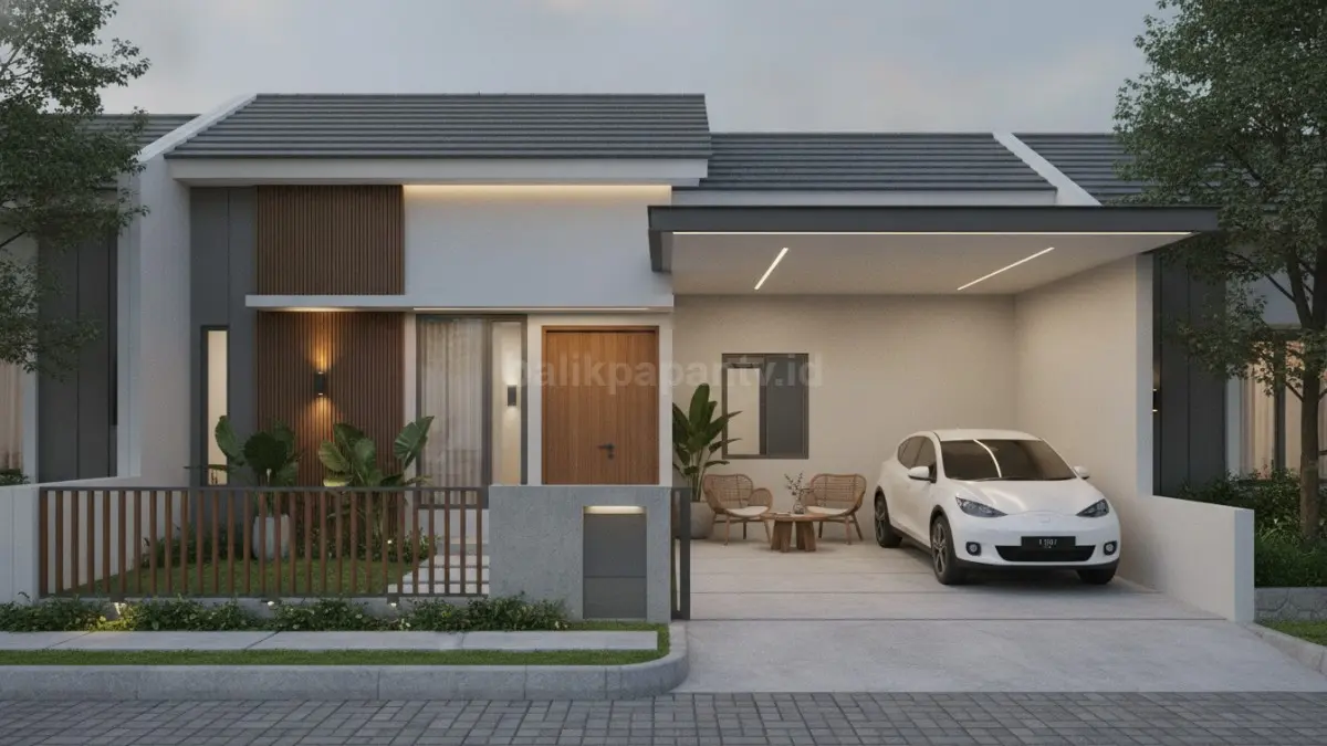 Garasi terbuka yang menyatu dengan teras menciptakan tampilan rumah lebih luas dan modern. (BTV/AI)