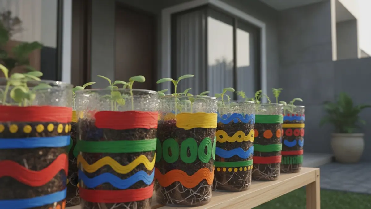 Gelas plastik bekas dihias warna-warni menjadi pot bibit sayuran yang praktis.
