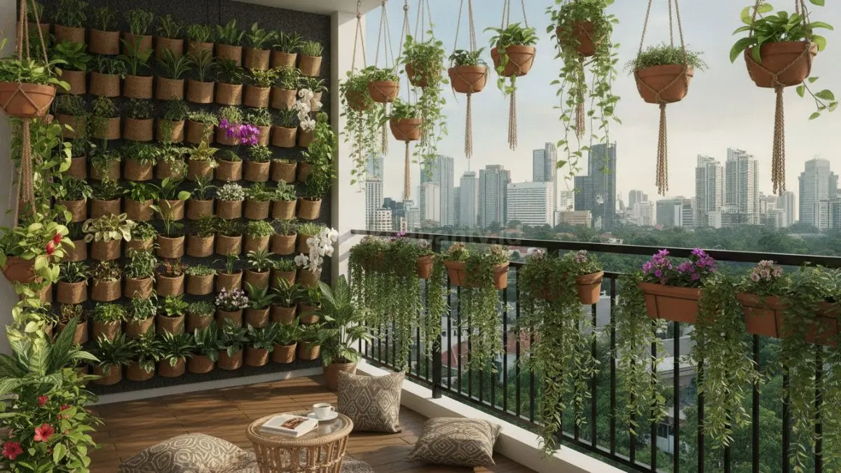 Hanging garden balkon apartemen memanfaatkan pot gantung untuk efisiensi ruang dan cahaya alami optimal (BTV/Ai)
