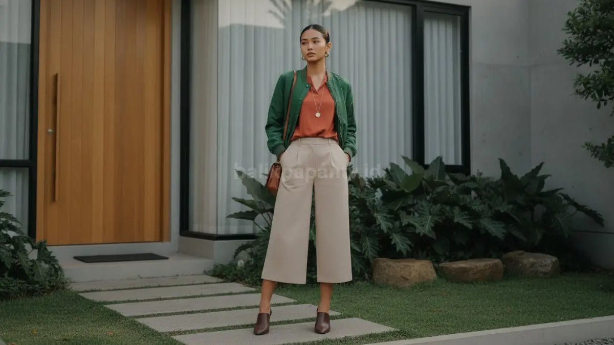 Ilustrasi seseorang memadukan outfit dengan proporsi dan warna yang selaras, inspirasi menghindari fashion faux pas.
