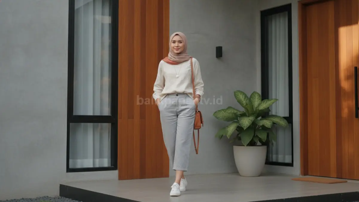 Inspirasi kombinasi warna netral dan warna aksen dalam satu outfit sehari-hari.
