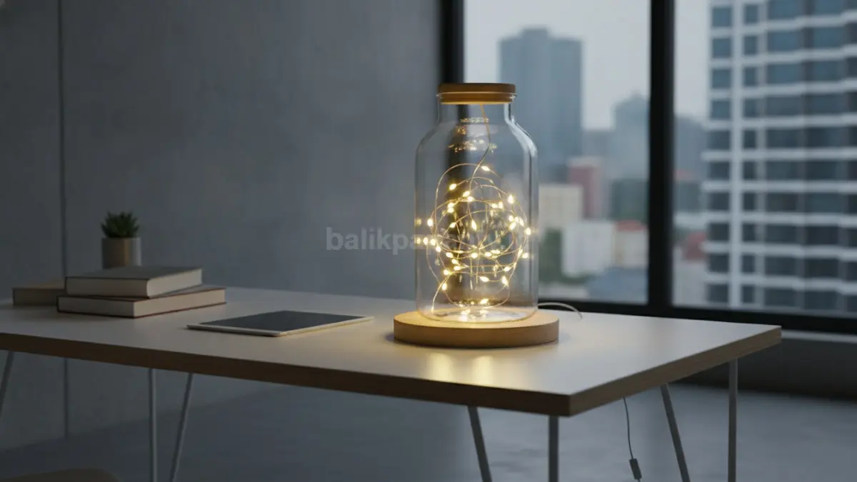 Inspirasi lampu dekoratif DIY untuk meja belajar menggunakan toples kaca bekas dan lampu tumblr.

