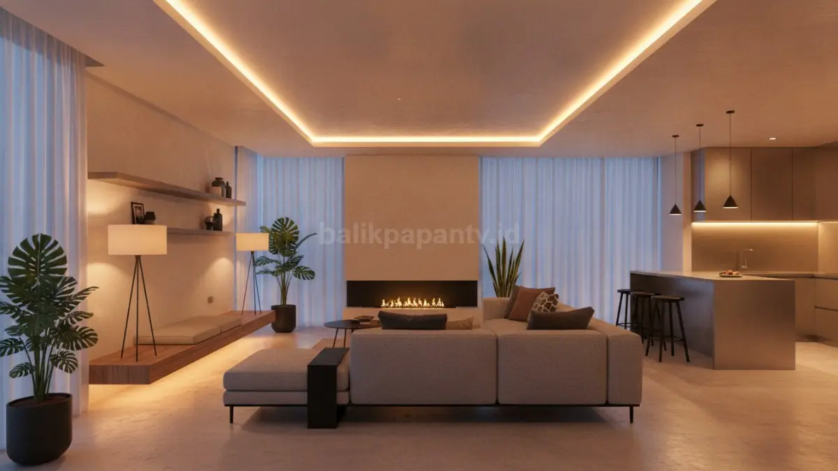 Interior rumah minimalis modern dengan mood lighting bertingkat yang menciptakan suasana hangat dan tenang (BTV/Ai)