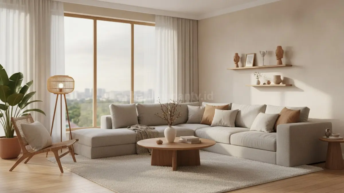 Interior Soft Living Space minimalis modern dengan pencahayaan hangat dan furnitur natural yang menenangkan (BTV/Ai)