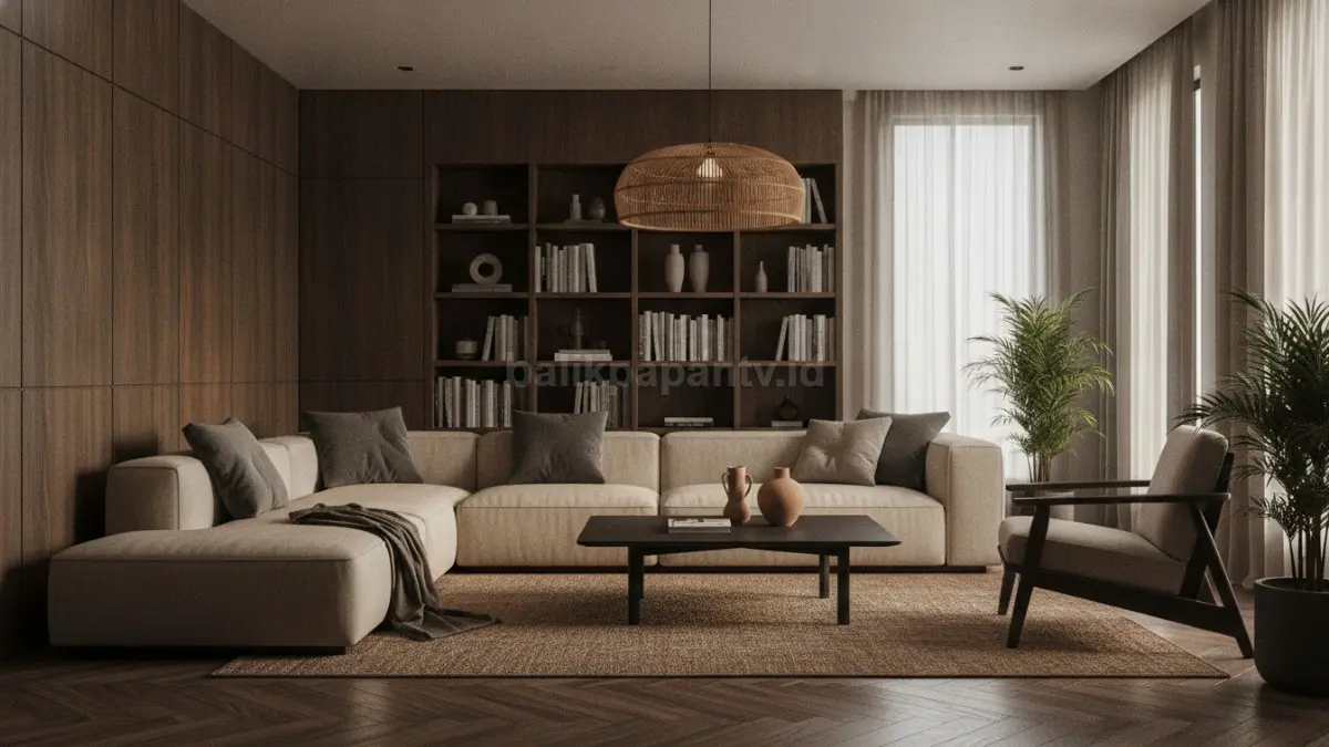 Japandi earth tone dengan lapisan warna coklat, abu gelap, dan beige menciptakan ruang hangat (BTV/Ai)
