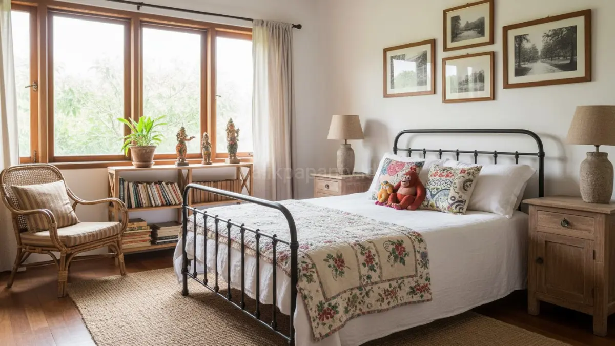 Kamar tidur 2026 memadukan furnitur vintage, quilt klasik, dan dekor berkarakter dengan biaya terjangkau.(BTV/AI) 