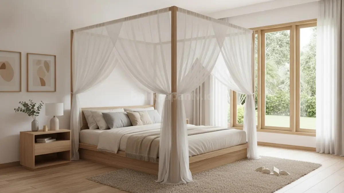 Kelambu frame persegi minimalis memberikan kesan rapi, simetris, dan modern pada kamar. (BTV/AI)