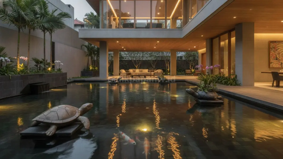 Kolam ikan rumah modern dengan pencahayaan hangat dan dekorasi patung kura-kura artistik.
