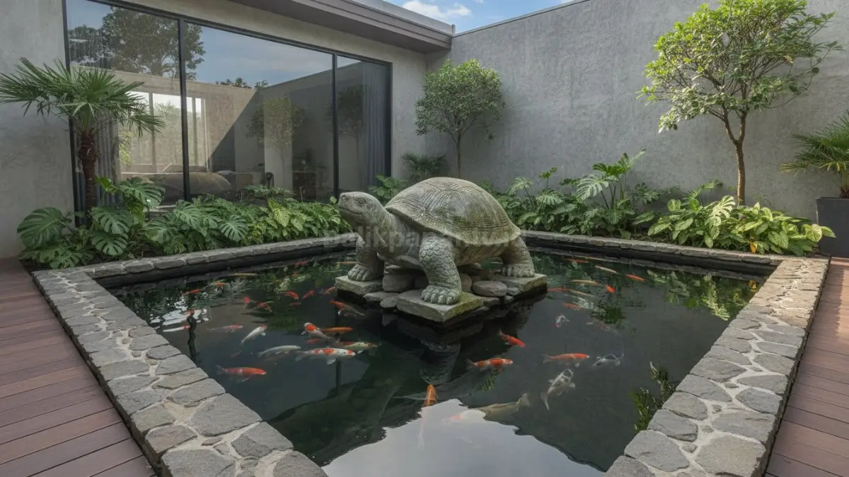 Kolam ikan taman rumah dengan patung kura-kura batu alam sebagai pusat perhatian yang elegan.
