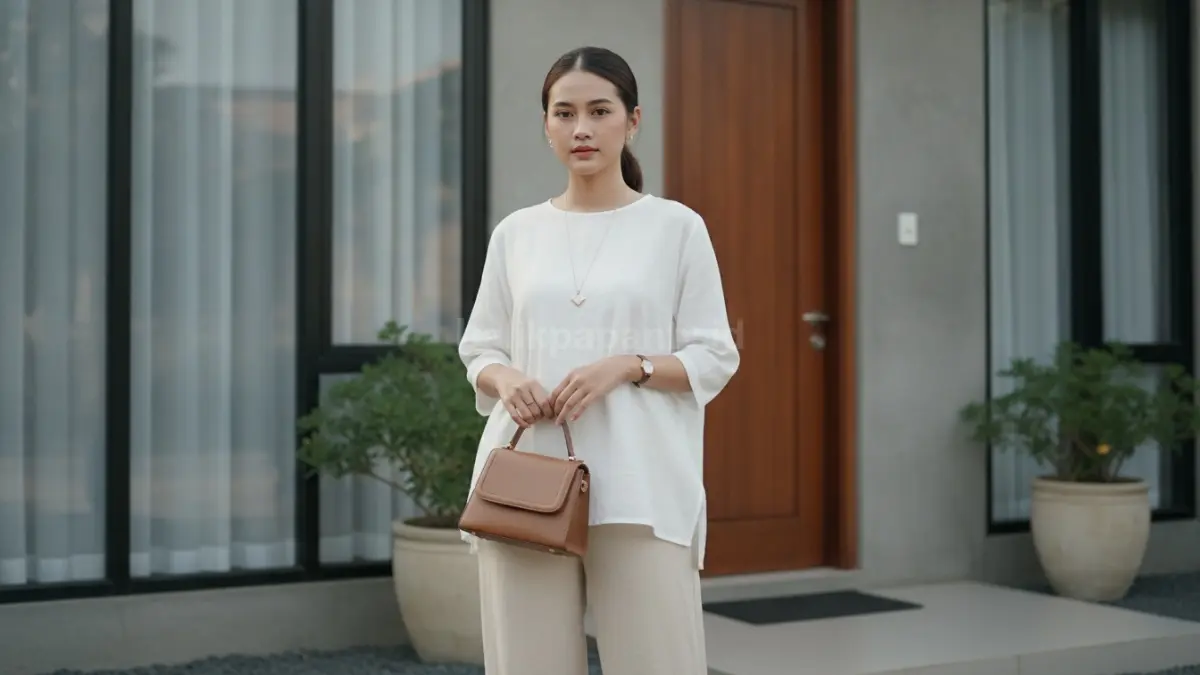 Kombinasi outfit sederhana dengan aksesori minimalis untuk kesan berkelas.
