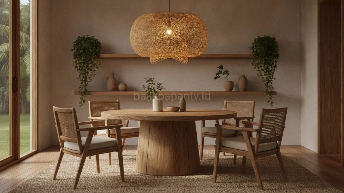 Lampu berbahan alami menghadirkan pencahayaan lembut, hangat, dan suasana ruang makan yang nyaman.(BTV/AI) 