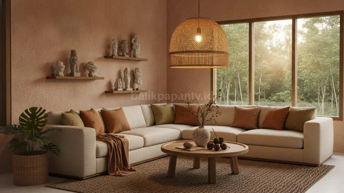 Lampu bercahaya hangat memperkuat nuansa earth tone, menciptakan suasana nyaman dan menenangkan ruangan.  (BTV/AI)