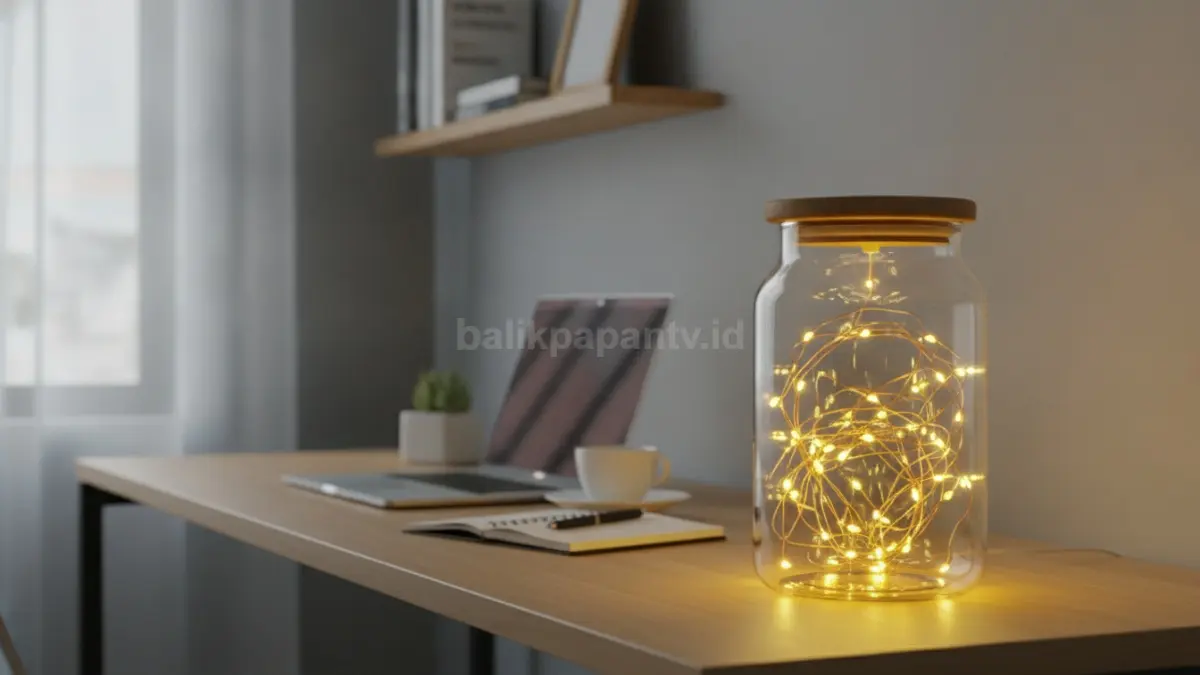 Lampu meja DIY dari toples kaca dan lampu tumblr LED menciptakan suasana hangat untuk ruang kerja dan kamar.
