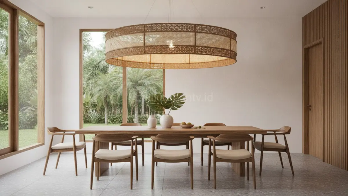 Lampu oversized menjadi fokus visual utama yang memperkuat karakter ruang makan modern.(BTV/AI) 