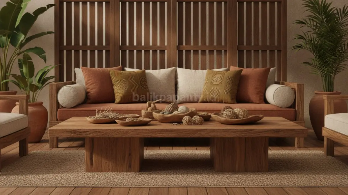 Material kayu alami memperkuat nuansa earth tone, menghadirkan tekstur hangat dan visual menarik.  (BTV/AI)