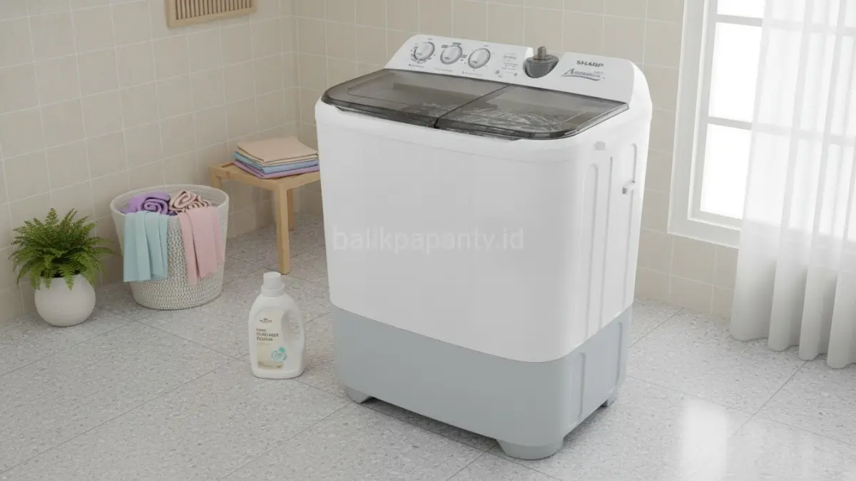 Mesin cuci Sharp ES-T86CL 8 kg menawarkan kapasitas besar, hemat daya, dan fitur praktis.(BTV/AI) 