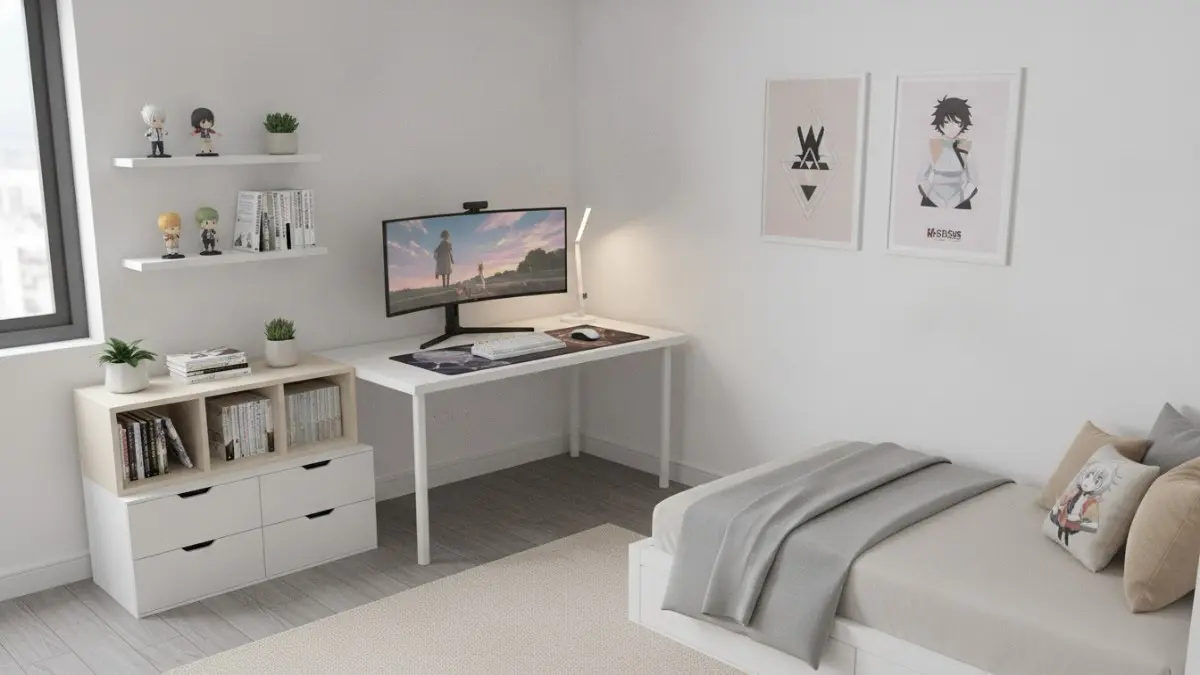 Minimalist Anime Corner Setup dengan ruang bersih poster figur kecil rak sederhana warna netral minimalis. (BTV/AI)
