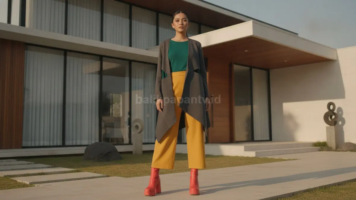 Model mengenakan outfit empat warna dengan komposisi seimbang dan tampilan modern yang menarik.
