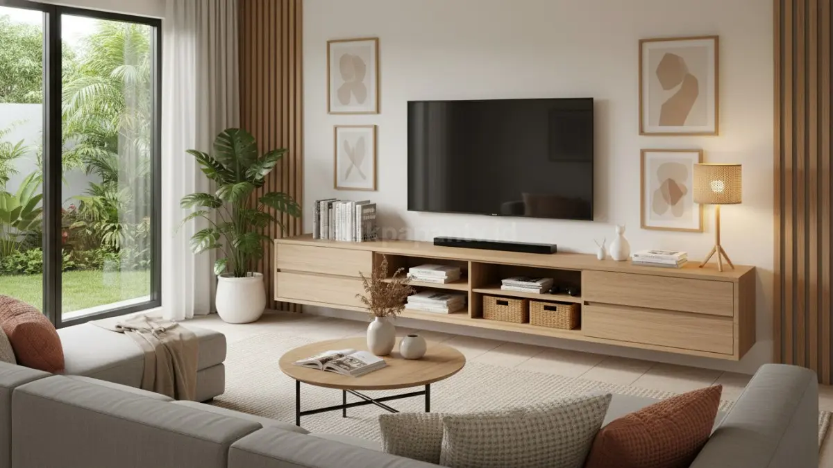 Model rak TV minimalis modern dengan penyimpanan praktis untuk ruang keluarga masa kini.