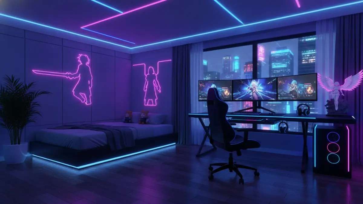 Neon Cyber Anime Room Setup dengan LED biru ungu pink menciptakan atmosfer futuristik gaming streaming. (BTV/AI)
