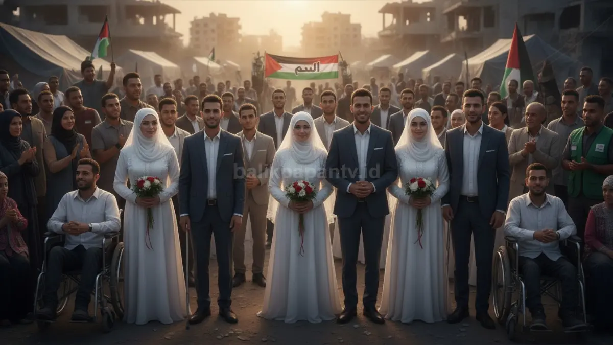 Nikah massal 40 pemuda penyandang disabilitas di Mawasi, Rafah, menghadirkan harapan baru bagi warga Gaza.