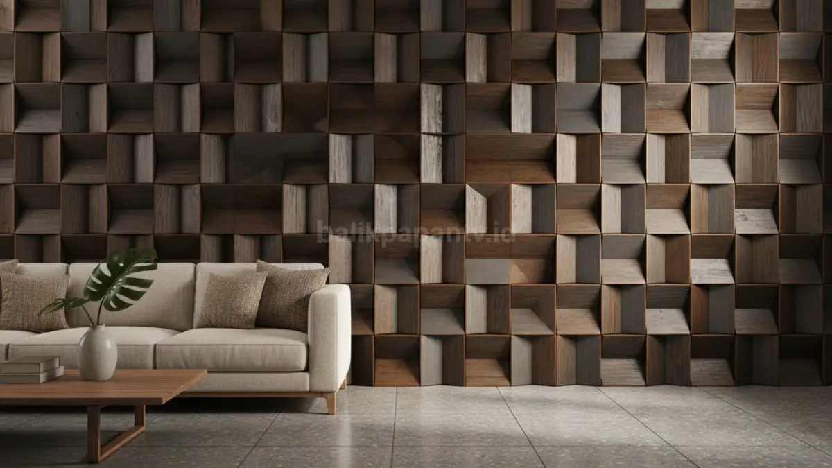 Panel dinding tiga dimensi menciptakan kedalaman visual modern, dinamis, dan menarik perhatian ruangan.  (BTV/AI)