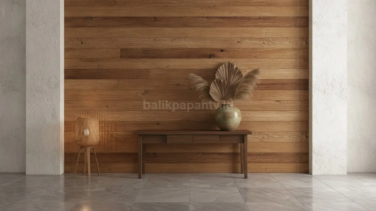 Panel kayu bertekstur menghadirkan kehangatan alami, menciptakan dinding fokus elegan untuk berbagai gaya interior.  (BTV/AI)