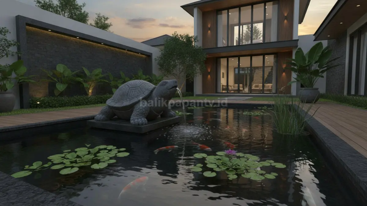 Patung kura-kura air mancur menghiasi kolam ikan minimalis dengan tanaman air hijau.
