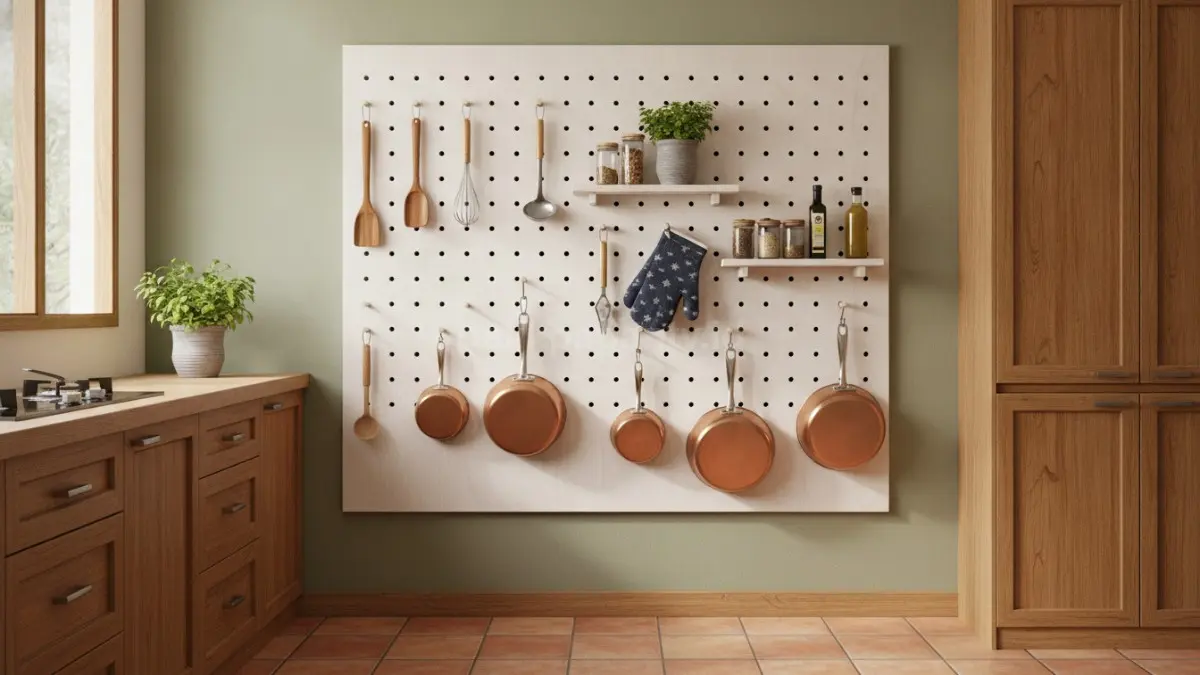 Pegboard dapur membantu peralatan memasak tertata rapi, hemat ruang, dan mudah dijangkau setiap saat.  (BTV/AI)