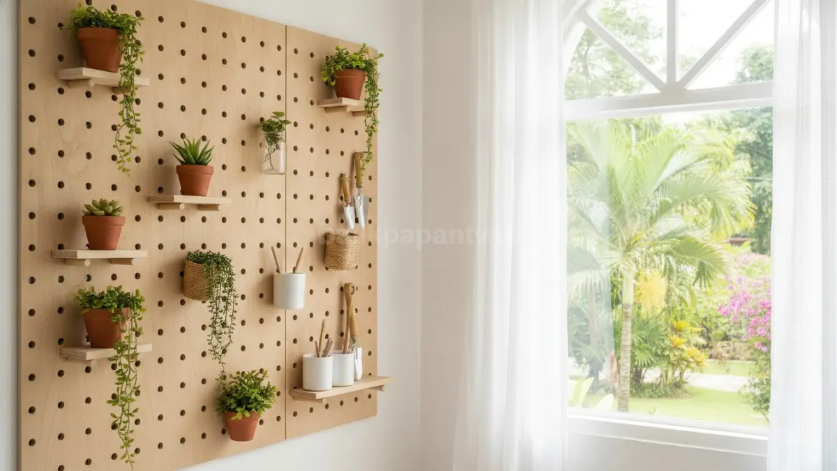 Pegboard dekoratif berpadu tanaman mungil, menghadirkan penyimpanan rapi dan suasana ruangan lebih segar.  (BTV/AI)