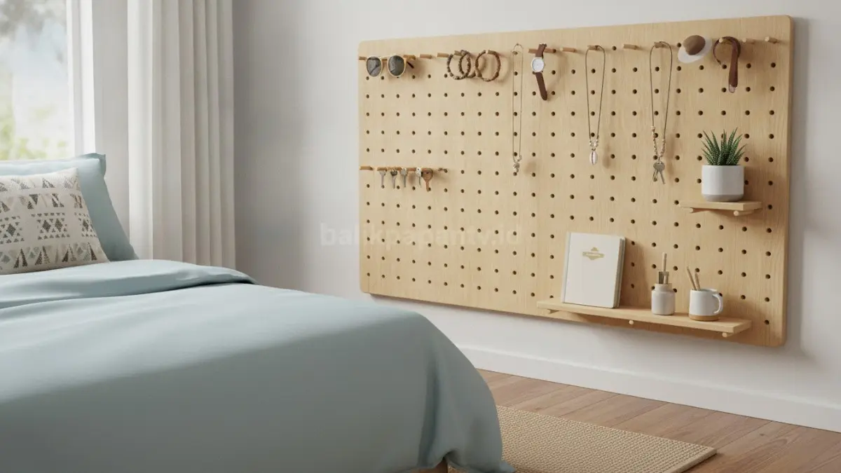 Pegboard kamar tidur menata aksesori lebih rapi, hemat ruang, sekaligus mempercantik tampilan interior.  (BTV/AI)