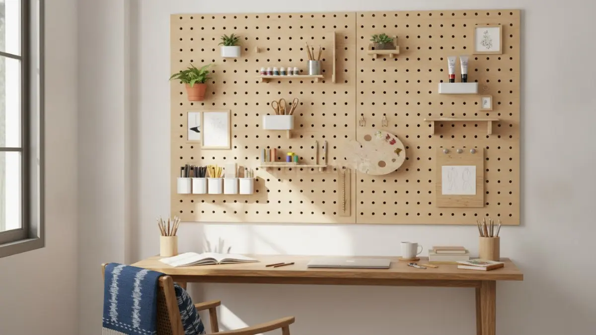 Pegboard kreatif menata perlengkapan berkarya rapi, memperkuat karakter visual ruang kerja inspiratif harian.  (BTV/AI)