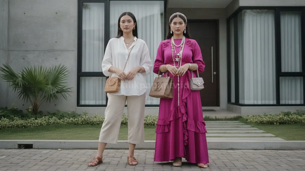 Perbandingan outfit dengan kombinasi aksesori seimbang dan aksesori berlebihan.
