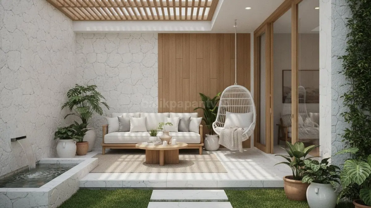Perpaduan batu putih dan kayu menciptakan teras natural yang hangat dan nyaman. (BTV/AI) 