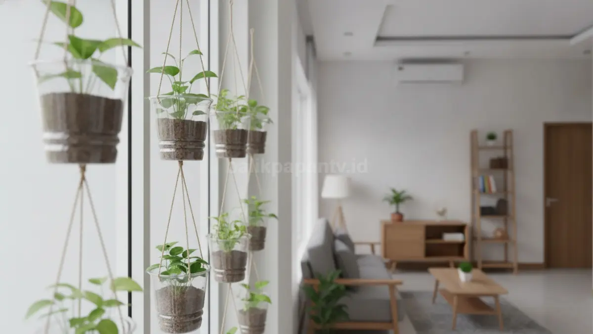 Pot gantung dari gelas plastik bekas untuk memaksimalkan ruang sempit di rumah.
