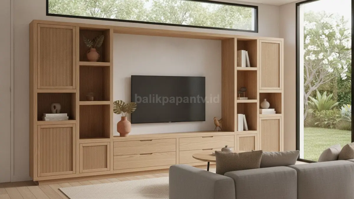 Rak TV dengan lemari tertutup menjaga ruang keluarga tetap rapi dan terorganisir. (BTV/AI)