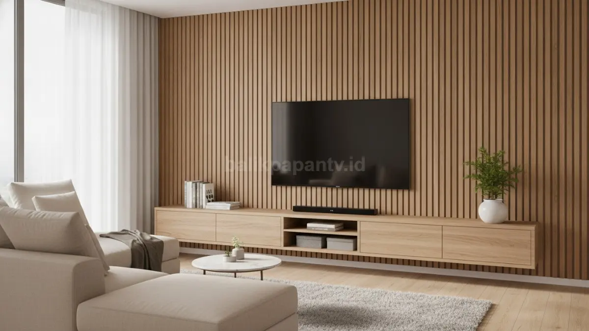 Rak TV dengan panel kayu vertikal menghadirkan suasana hangat dan modern pada ruangan. (BTV/AI)