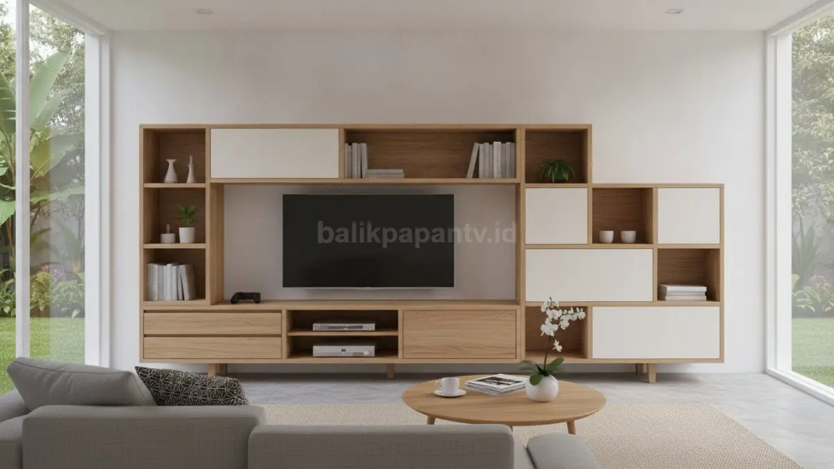 Rak TV geometris minimalis menghadirkan tampilan modern, bersih, dan berkarakter. (BTV/AI)