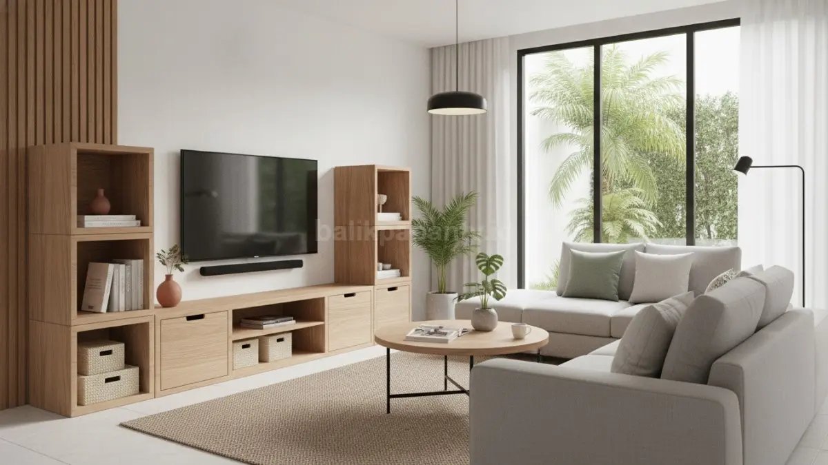 Rak TV geometris minimalis menghadirkan tampilan modern, bersih, dan berkarakter. (BTV/AI)