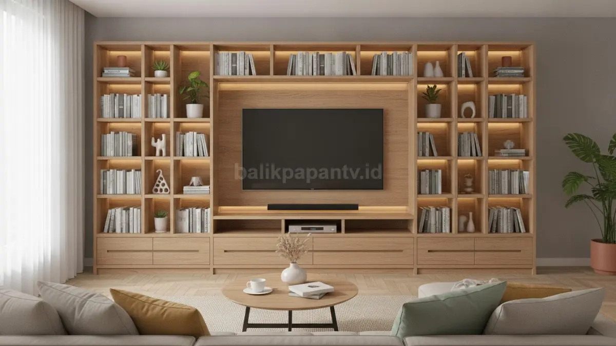 Rak TV multifungsi dengan rak buku menghadirkan ruang yang praktis dan lebih efisien. (BTV/AI)