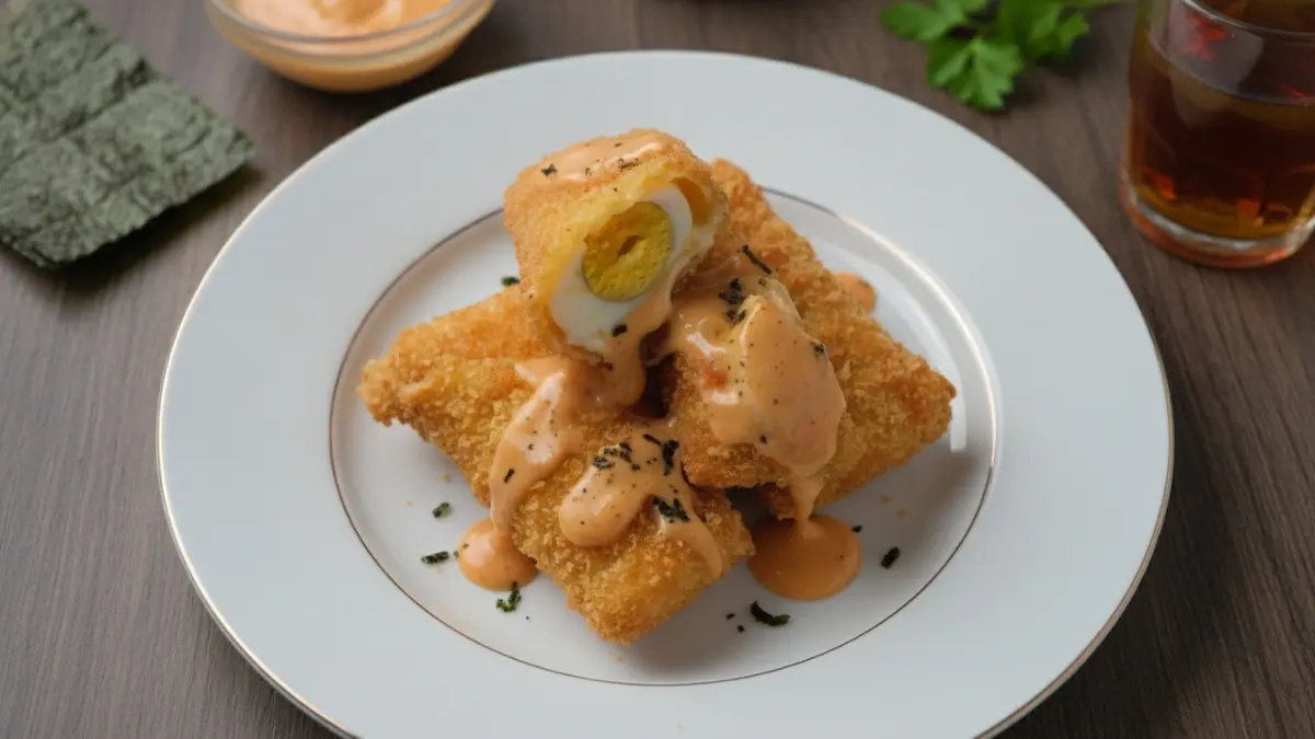 Risol mayo mentai renyah dengan saus mentai premium sebagai inspirasi usaha kuliner rumahan modern. (BTV/AI)
