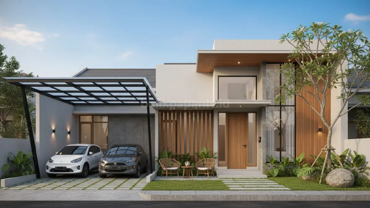 Rumah minimalis modern 1 lantai dengan garasi terbuka dan fasad sederhana yang fungsional. (BTV/Ai)
