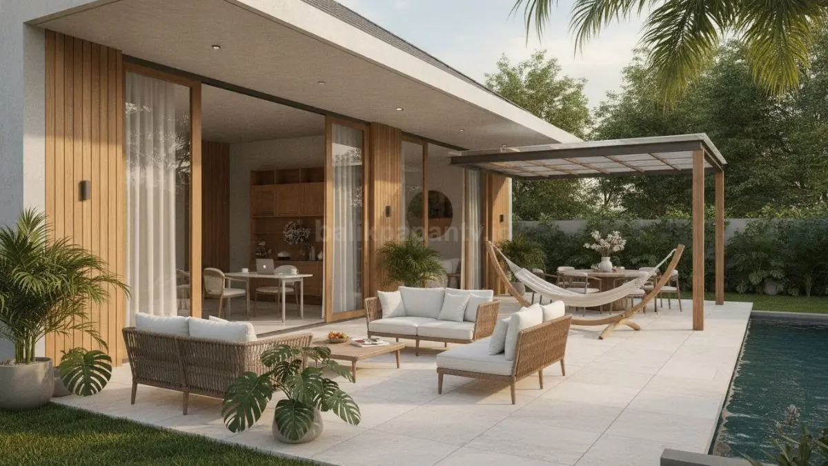Rumah minimalis modern dengan teras luas dan taman depan yang nyaman untuk keluarga. (BTV/Ai)