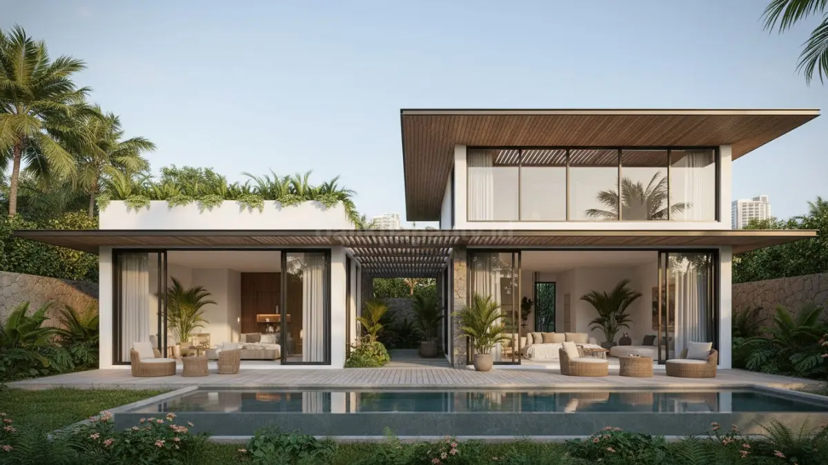 Rumah minimalis tropis tiga kamar menghadirkan hunian sejuk, terang, dan nyaman sepanjang hari. (BTV/AI)
