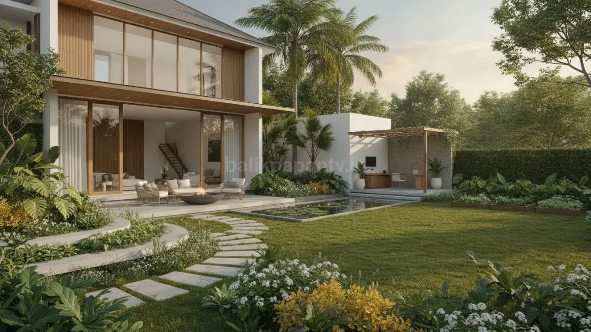 Rumah modern dengan halaman luas hijau yang dimanfaatkan sebagai ruang santai dan kebun keluarga. (BTV/Ai)